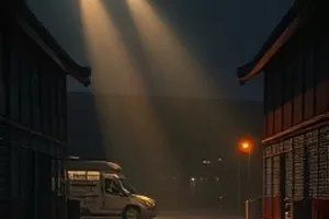 悬疑剧《暗林灯影》横版封面：雨夜林场中亮着的一盏旧灯